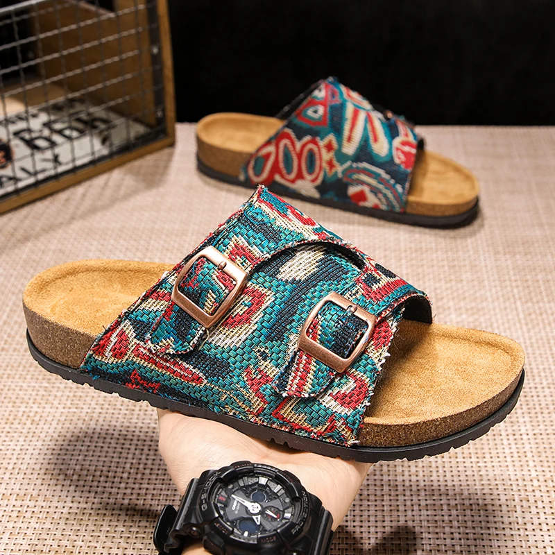 Bohemian Jacquard Canvas Cork Footbed Slides Adjustable Double Buckle Non-slip Flat Sandals Retro Casual Slippers for Men Women
Bohemian Jacquard Canvas Cork Footbed Slides Adjustable Double Buckle Non-slip Flat Sandals Retro Casual Slippers for Men Women