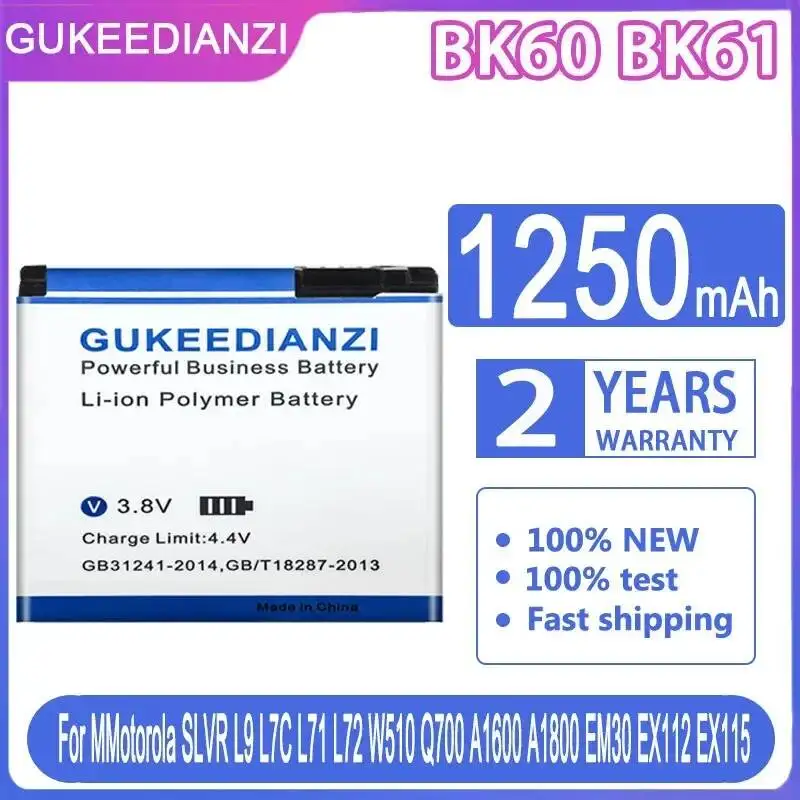 Mobile Phone Battery BK60 BK61 1250mAh For Motorola Moto Slvr L9 L7C L71 L72 W510 Q700 A1600 A1800 EM30 EX112 EX115
Mobile Phone Battery BK60 BK61 1250mAh For Motorola Moto Slvr L9 L7C L71 L72 W510 Q700 A1600 A1800 EM30 EX112 EX115