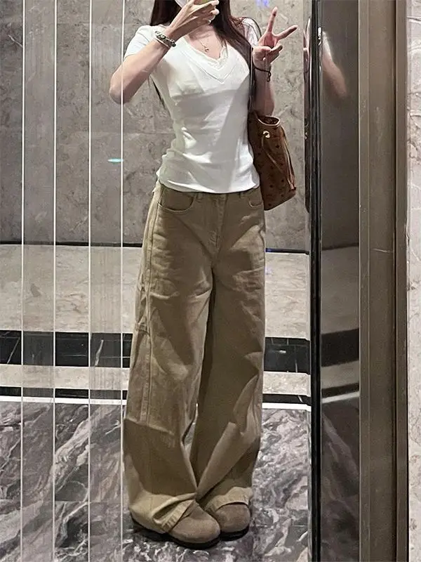 Khaki High Waist Wide Leg Jeans Women's American Retro Loose Slim Straight Floor-Length Pants Casual Style Water Washed
Khaki High Waist Wide Leg Jeans Women's American Retro Loose Slim Straight Floor-Length Pants Casual Style Water Washed