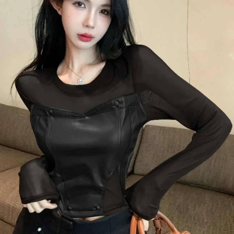 Sexy Mesh Patchwork Black Blouse Women Long Sleeved O Neck Skinny Chic Pollover See Through Harajuku Y2K High Street Cropped Top
Sexy Mesh Patchwork Black Blouse Women Long Sleeved O Neck Skinny Chic Pollover See Through Harajuku Y2K High Street Cropped Top