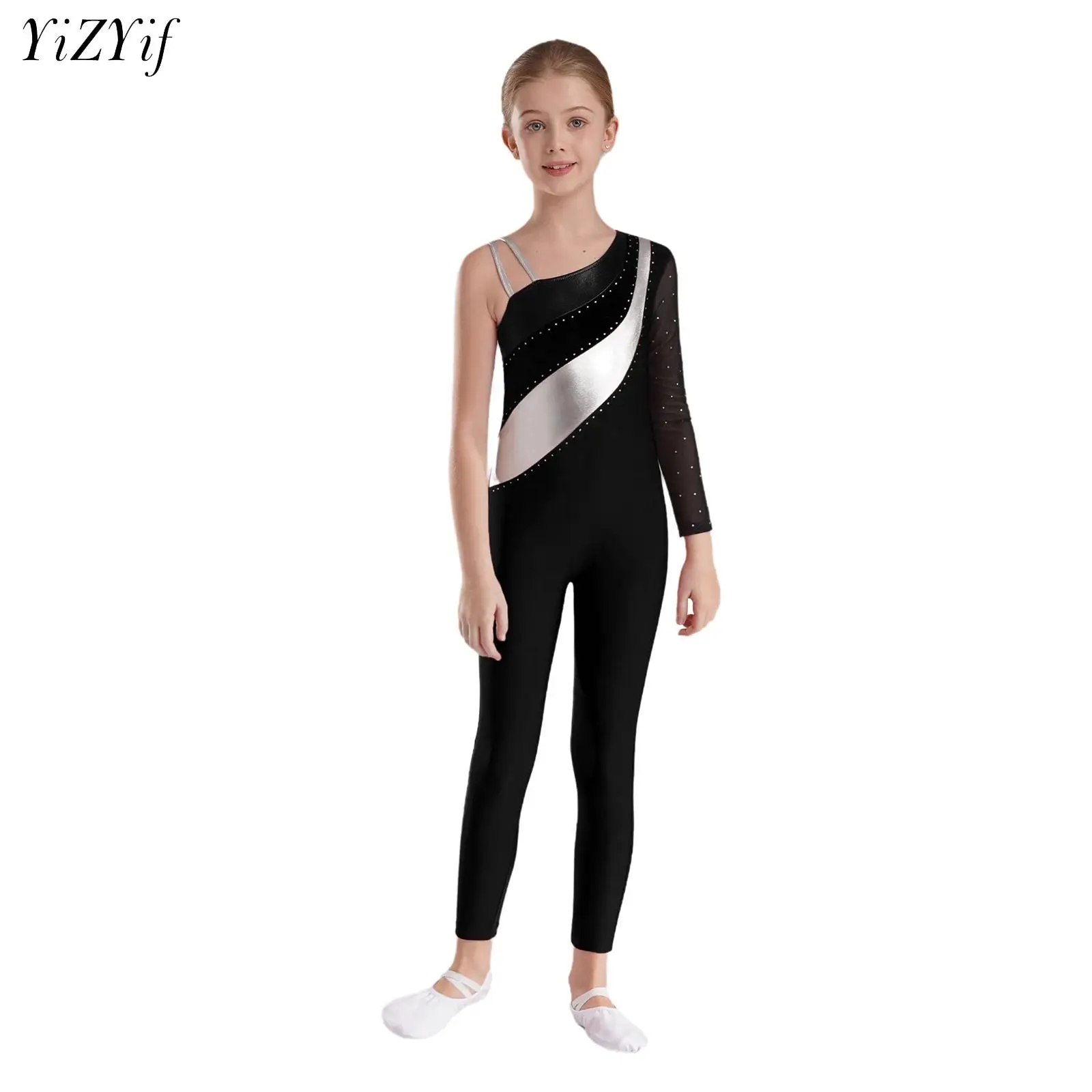 Kids Girls One Shoulder Contrast Color Jumpsuit Mesh Long Sleeve Figure Skating Ballet Dance Gymnastics Performance Bodysuit
Kids Girls One Shoulder Contrast Color Jumpsuit Mesh Long Sleeve Figure Skating Ballet Dance Gymnastics Performance Bodysuit