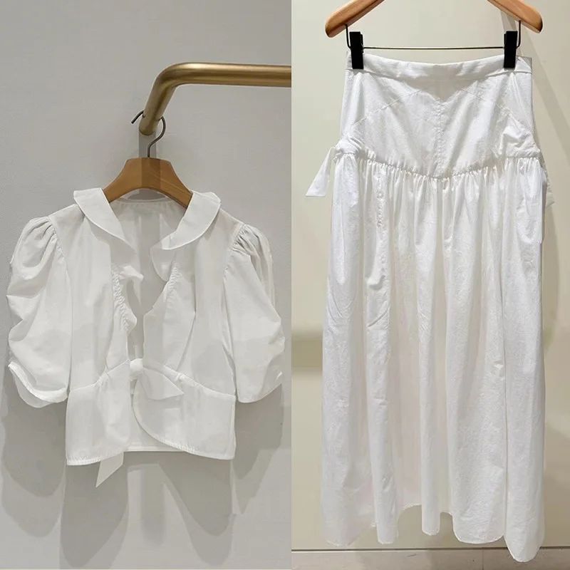 White Lace Trim V-Neck Tie-Detail Side-Gored Midi Skirt Set Spring Summer 2026 Women's Fashion Cotton Three-Quarter Sleeve
White Lace Trim V-Neck Tie-Detail Side-Gored Midi Skirt Set Spring Summer 2026 Women's Fashion Cotton Three-Quarter Sleeve