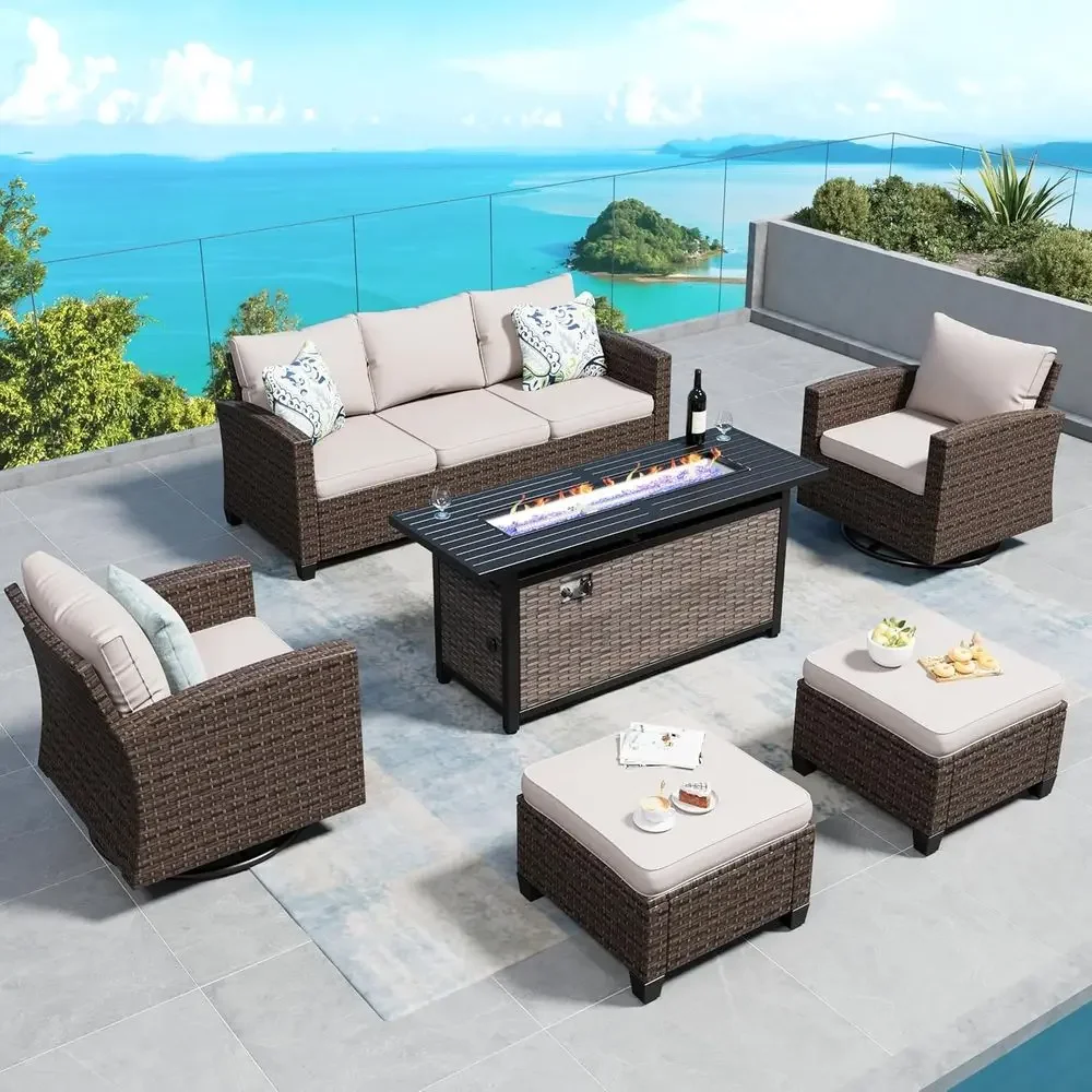 5-Piece Brown Wicker Outdoor Patio Furniture Set with Cushions and Beige Sofa, Including 7-Seat Sectional and Regular Coffee Tab
5-Piece Brown Wicker Outdoor Patio Furniture Set with Cushions and Beige Sofa, Including 7-Seat Sectional and Regular Coffee Tab