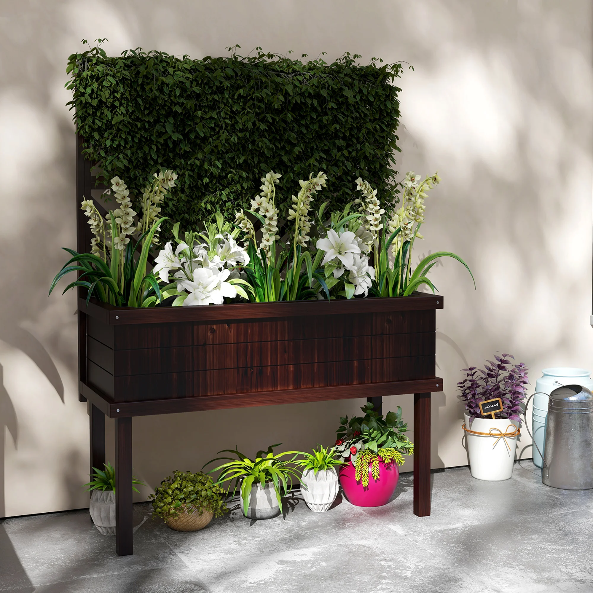 Carbonized Elevated Fir Wood Planter with Trellis for Climbing Plants Raised Garden Bed Legs Drainage Holes 39in Large Outdoor
Carbonized Elevated Fir Wood Planter with Trellis for Climbing Plants Raised Garden Bed Legs Drainage Holes 39in Large Outdoor