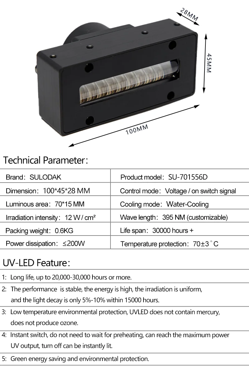 200W 70*15 MM Water Cooled UV LED Curing Lamp 395 NM forEpson Pre-curing of UV LED Ink for Inkjet Printers for G5 G6
200W 70*15 MM Water Cooled UV LED Curing Lamp 395 NM forEpson Pre-curing of UV LED Ink for Inkjet Printers for G5 G6
