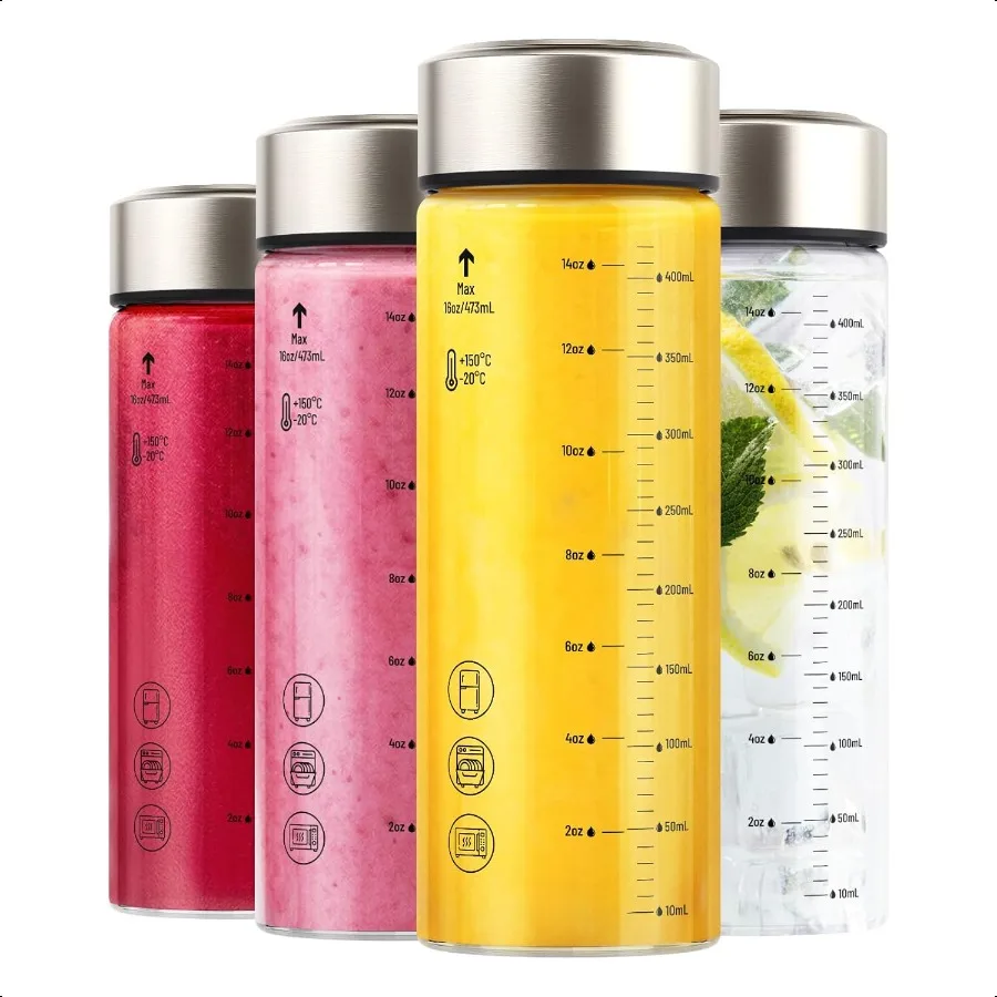 16 oz Glass Juice Bottles with Lids 4 Pack Refillable Wide Mouth Heat Resistant Borosilicate Glass for Juicing Smoothies Infuse 
16 oz Glass Juice Bottles with Lids 4 Pack Refillable Wide Mouth Heat Resistant Borosilicate Glass for Juicing Smoothies Infuse