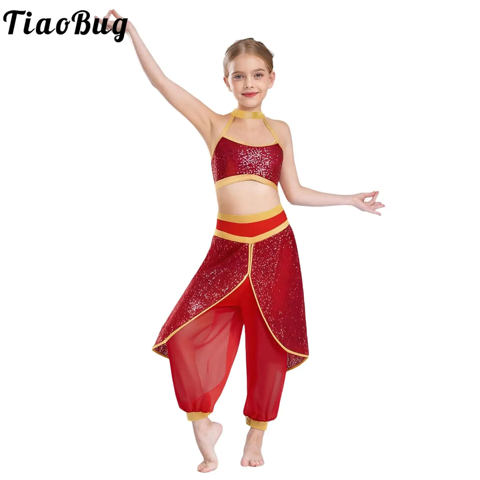 Kids Girls Lyrical Belly Stage Dance Outfit Shiny Crop Top with Pants Set for Indian Folk Belly Dance Performance Costumes
Kids Girls Lyrical Belly Stage Dance Outfit Shiny Crop Top with Pants Set for Indian Folk Belly Dance Performance Costumes