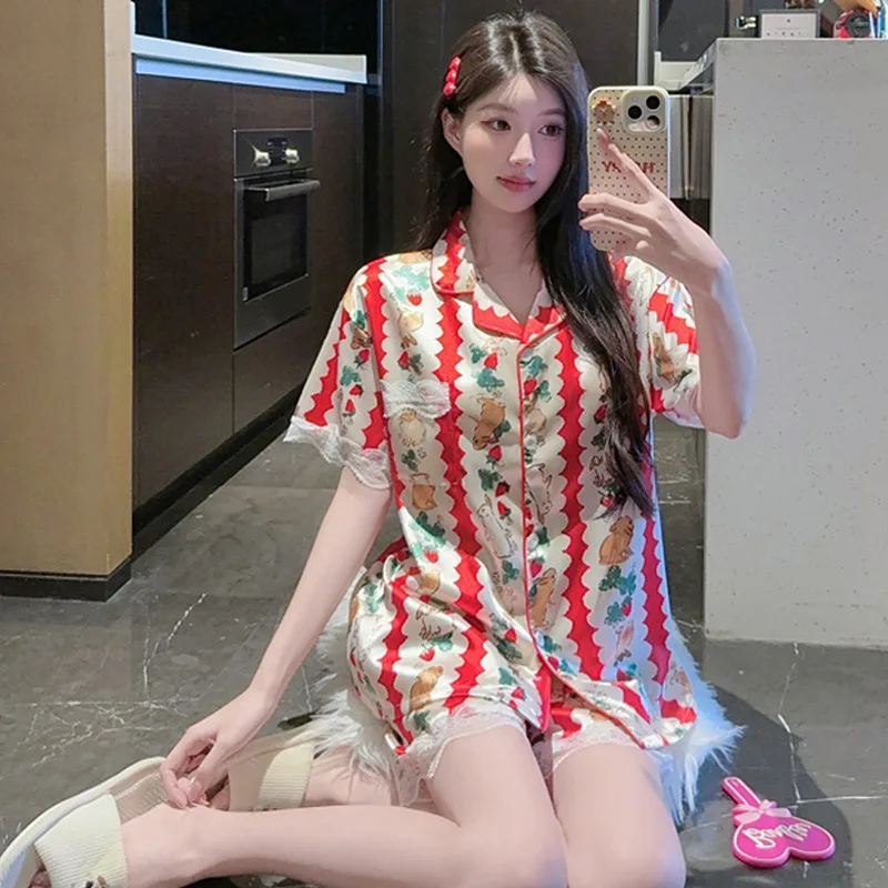 Women's Ice Silk Homewear Set Sexy Sweet Lace Edge Short-Sleeved Cartoon Shorts Two-Piece Breathable Loose Fashion Pajamas Set
Women's Ice Silk Homewear Set Sexy Sweet Lace Edge Short-Sleeved Cartoon Shorts Two-Piece Breathable Loose Fashion Pajamas Set