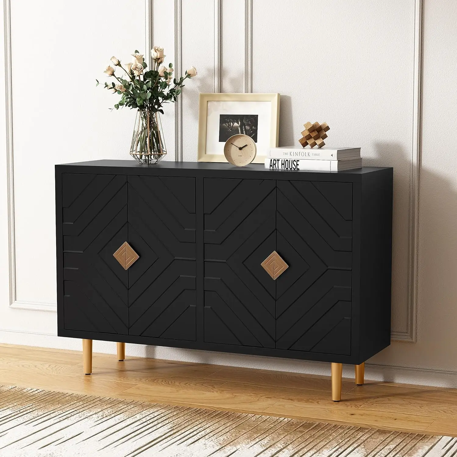 48" Accent Cabinet with 4 Doors and Shelves, Modern Sideboard Buffet Cabinet with Decorative Embossed Pattern Doors, Cre
48" Accent Cabinet with 4 Doors and Shelves, Modern Sideboard Buffet Cabinet with Decorative Embossed Pattern Doors, Cre