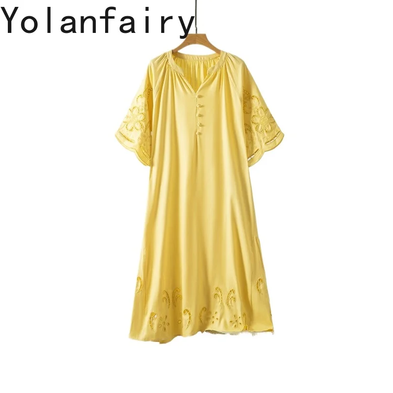 YOLANFAIRY 100% Real Mulberry Silk Dress Summer Vintage Hollow Out Embroidery Dresses Women Short Sleeve Elegant Yellow Dress
YOLANFAIRY 100% Real Mulberry Silk Dress Summer Vintage Hollow Out Embroidery Dresses Women Short Sleeve Elegant Yellow Dress