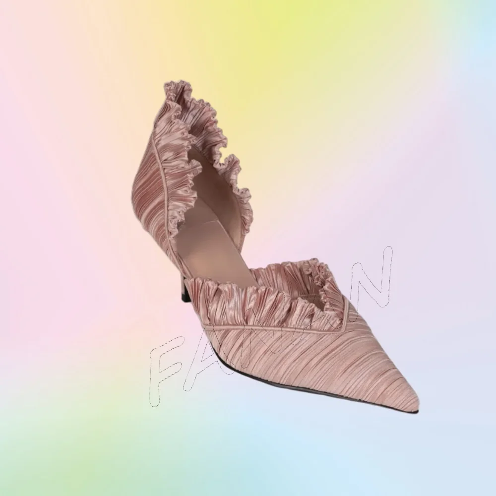 Pink Pleated Shallow Pumps Cu Side Thin Solid Heels Shoes Slip on Pointed Toe High Heel Shoes for Women 2025 Zapatos Para Mujere 
Pink Pleated Shallow Pumps Cu Side Thin Solid Heels Shoes Slip on Pointed Toe High Heel Shoes for Women 2025 Zapatos Para Mujere