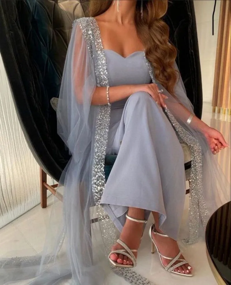 Grey Blue Arabia Prom Dresses 2023 Mermaid With Cape Sleeveless Ankle-Length Formal Dresses For Women Party Gown
Grey Blue Arabia Prom Dresses 2023 Mermaid With Cape Sleeveless Ankle-Length Formal Dresses For Women Party Gown