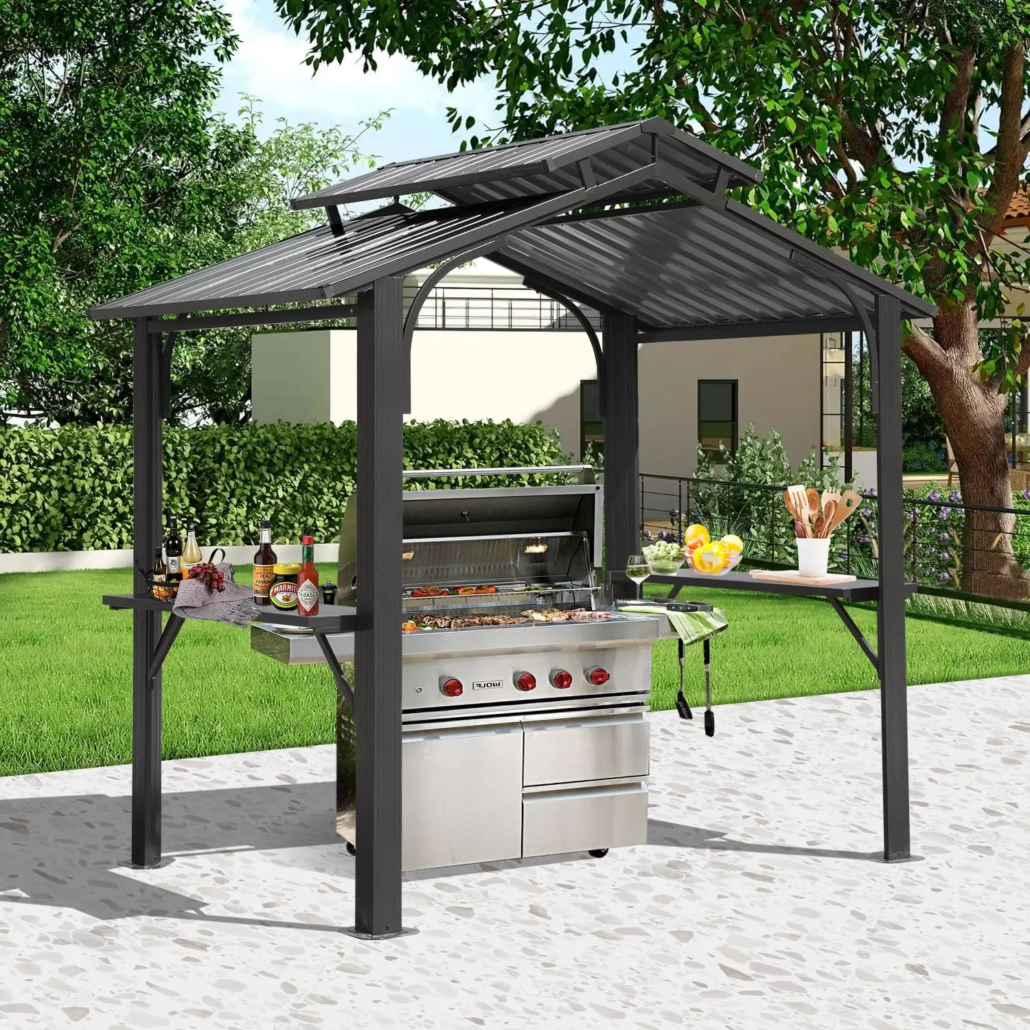 8x5FT Hardtop BBQ Gazebo w/Galvanized Steel Double Roof, Permanent Sun Shade Canopy w/2 Shelves & Hook for Patio Deck , Custom
8x5FT Hardtop BBQ Gazebo w/Galvanized Steel Double Roof, Permanent Sun Shade Canopy w/2 Shelves & Hook for Patio Deck , Custom