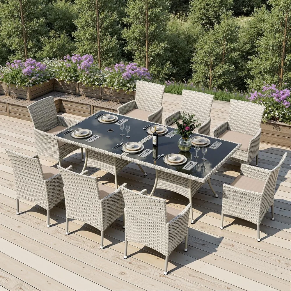 Outdoor Dining Set, 10-Piece Patio Furniture Set with Tempered Glass Table and 8 Cushioned Chairs, Dual-Strand Wicker Rattan
Outdoor Dining Set, 10-Piece Patio Furniture Set with Tempered Glass Table and 8 Cushioned Chairs, Dual-Strand Wicker Rattan