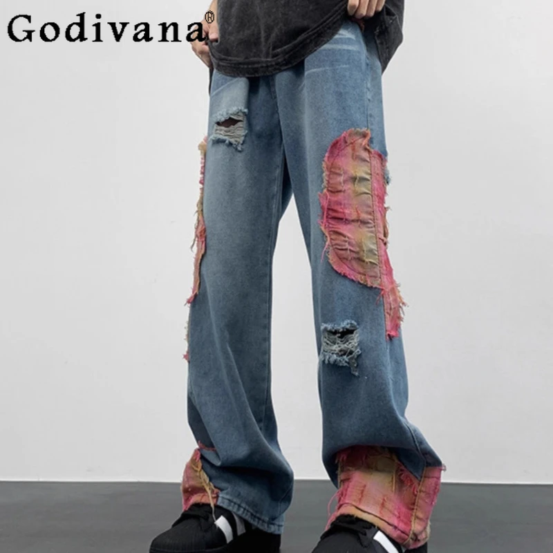 Personalized Splicing Blue Wide-leg Straight Loose Ripped Jeans Summer Men American Street Fashion Versatile Micro-pull Pants
Personalized Splicing Blue Wide-leg Straight Loose Ripped Jeans Summer Men American Street Fashion Versatile Micro-pull Pants