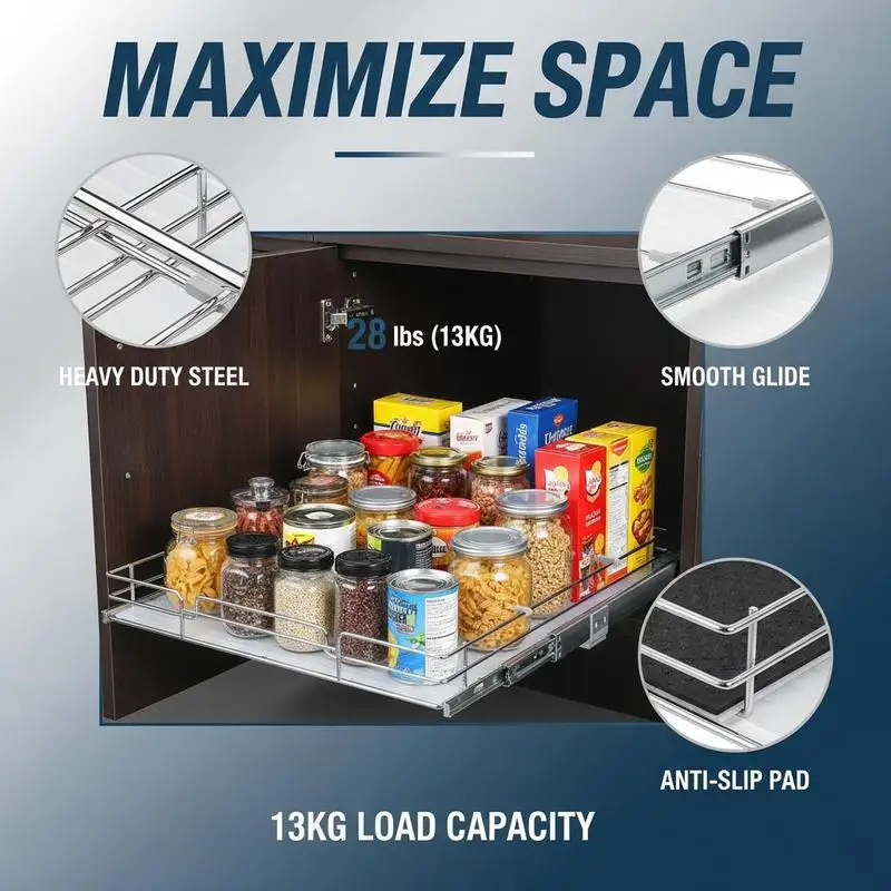 Slide Out Pantry Shelves 21.5"Wx21"Dx3.5"H For Kitchen Pantry Bathroom, Heavy Duty Metal Construction Smooth Sliding Tracks Cabinet Base Storage Organizer
Slide Out Pantry Shelves 21.5"Wx21"Dx3.5"H For Kitchen Pantry Bathroom, Heavy Duty Metal Construction Smooth Sliding Tracks Cabinet Base Storage Organizer