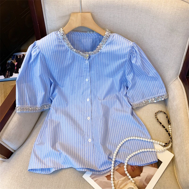 Shiny Diamonds Sequins Striped Shirt for Women Summer Blue O-Neck Single Breasted Loose Tops Classic French Short Sleeve Tees
Shiny Diamonds Sequins Striped Shirt for Women Summer Blue O-Neck Single Breasted Loose Tops Classic French Short Sleeve Tees
