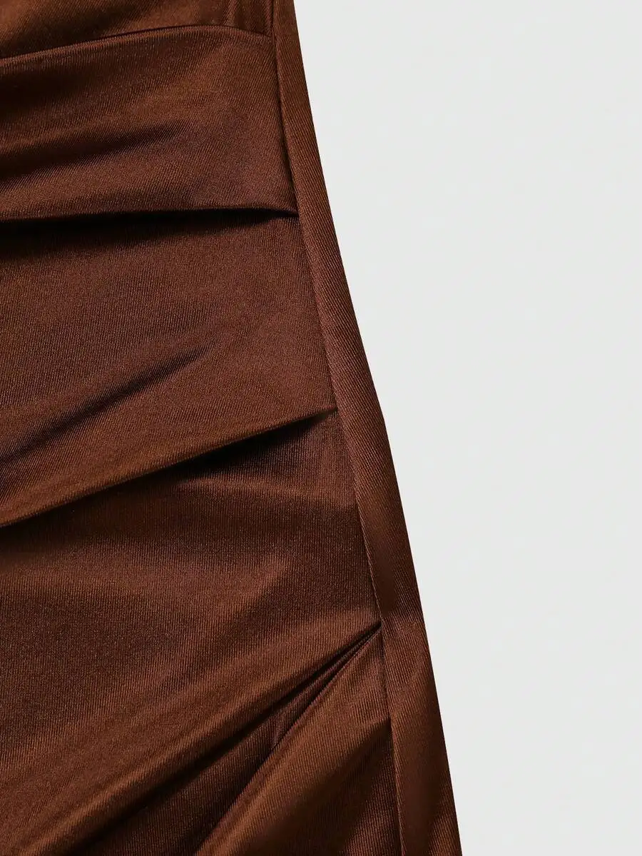 Womens Satin Sleeveless Pleated Asymmetric Bodycon Dress Brown
Womens Satin Sleeveless Pleated Asymmetric Bodycon Dress Brown