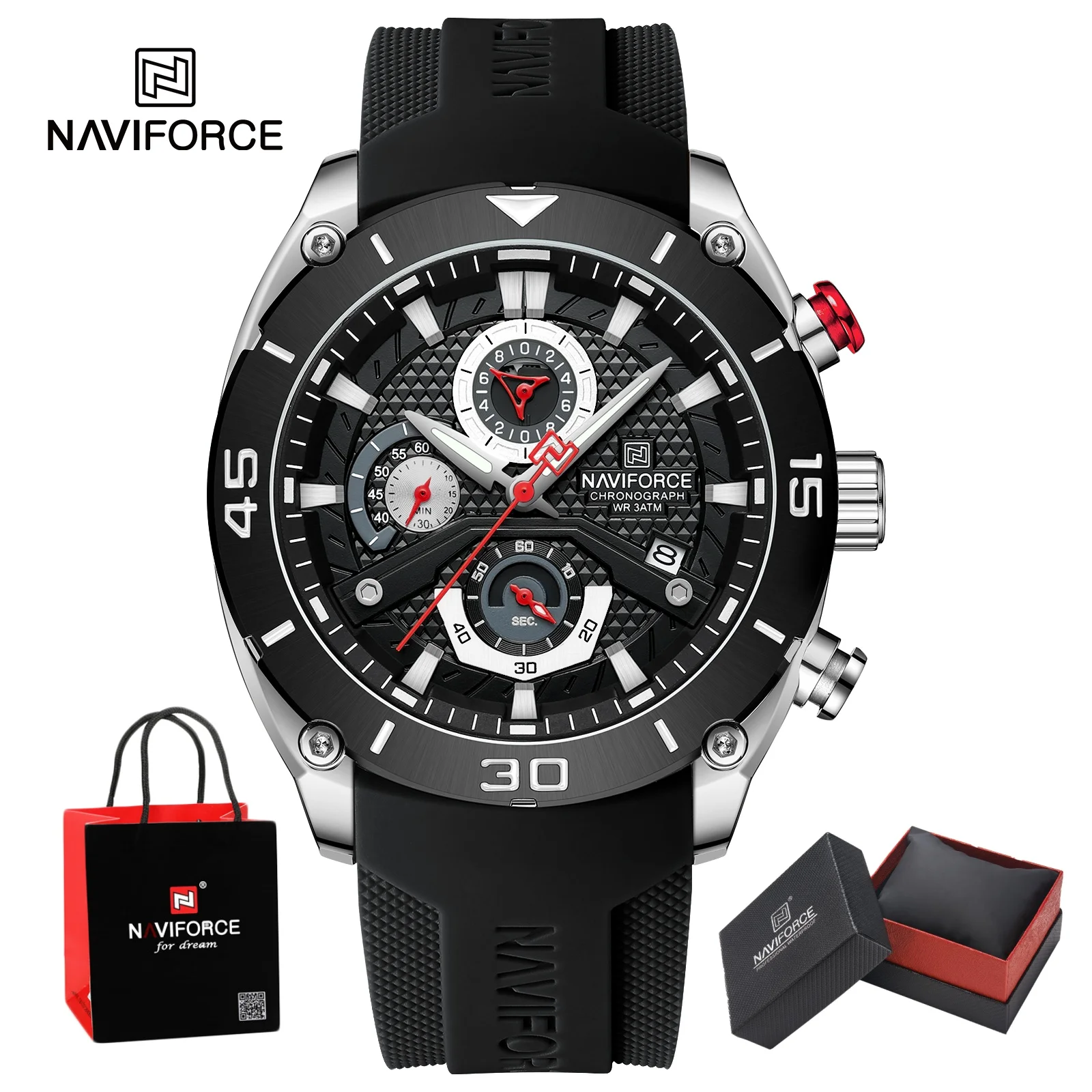NAVIFORCE Man's Watch 30M Waterproof Quartz Chronograph Silicone Strap Luminous Fashion Sport Simple Wristwatch Gift Box for Men
NAVIFORCE Man's Watch 30M Waterproof Quartz Chronograph Silicone Strap Luminous Fashion Sport Simple Wristwatch Gift Box for Men