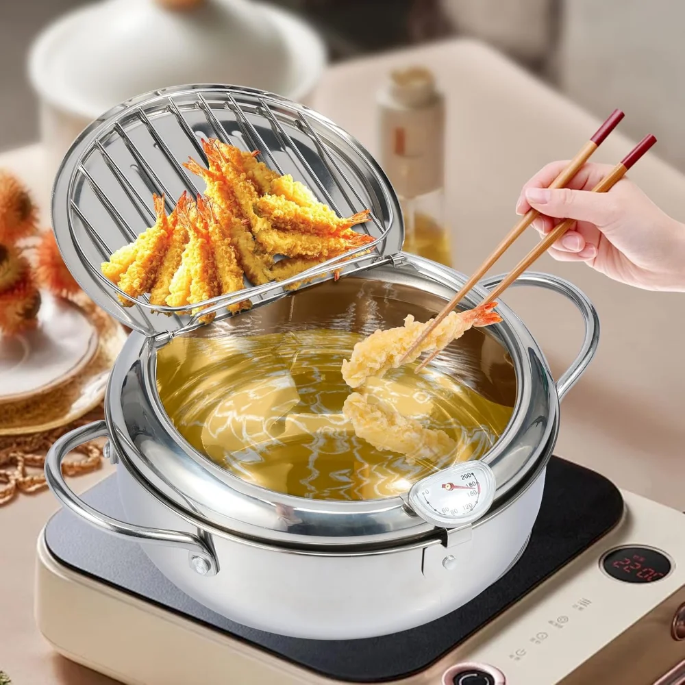 11"/4.2L 304 Stainless Steel Deep Fryer Pot,Janpanese Style Tempura Frying Pot with Strainer Basket and Thermometer
11"/4.2L 304 Stainless Steel Deep Fryer Pot,Janpanese Style Tempura Frying Pot with Strainer Basket and Thermometer