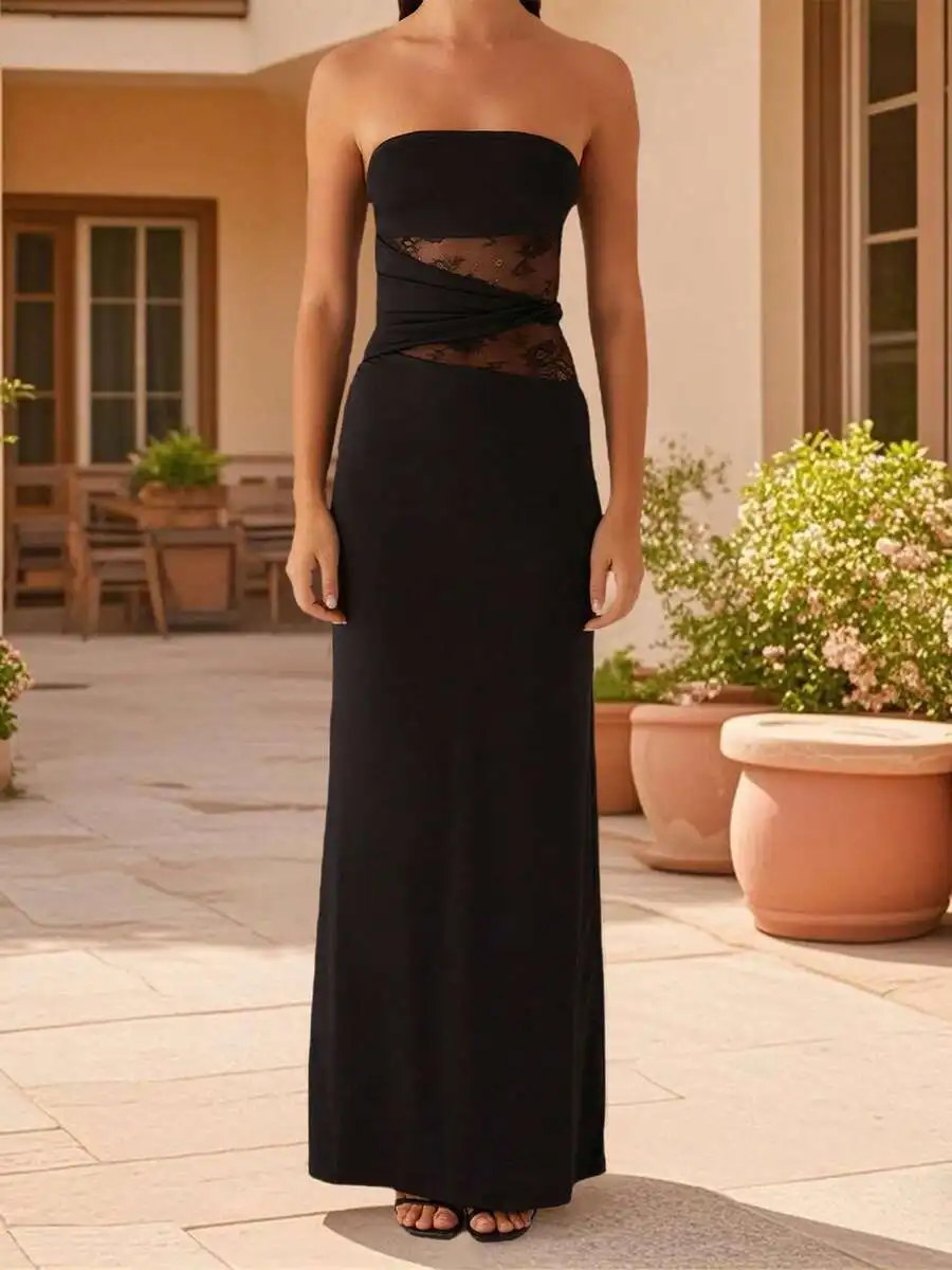 Black Strapless Maxi Dress With Sheer Floral Lace Waist Cutout And Asymmetrical Twisted Front Bodice
Black Strapless Maxi Dress With Sheer Floral Lace Waist Cutout And Asymmetrical Twisted Front Bodice