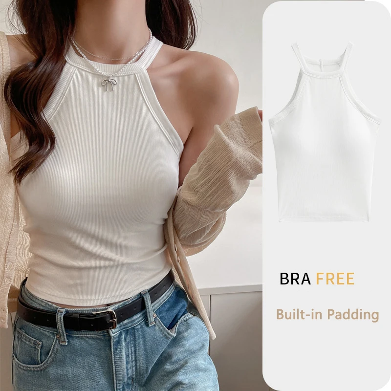 Ribbed Camisole for Women Sleeveless Sexy Halter Neck Padding Built-in Solid Color Slim Basic Layer Tops Female Outwear C5988
Ribbed Camisole for Women Sleeveless Sexy Halter Neck Padding Built-in Solid Color Slim Basic Layer Tops Female Outwear C5988