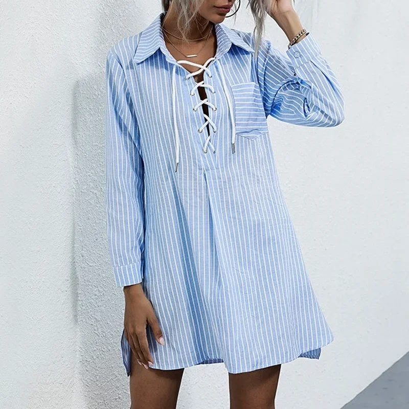 Blue Striped Shirt Dress 2024 Spring Fashion Women's Long Sleeve Turn Down Collar Pocket Lace Up Dress Bandage Elegant Dresses
Blue Striped Shirt Dress 2024 Spring Fashion Women's Long Sleeve Turn Down Collar Pocket Lace Up Dress Bandage Elegant Dresses