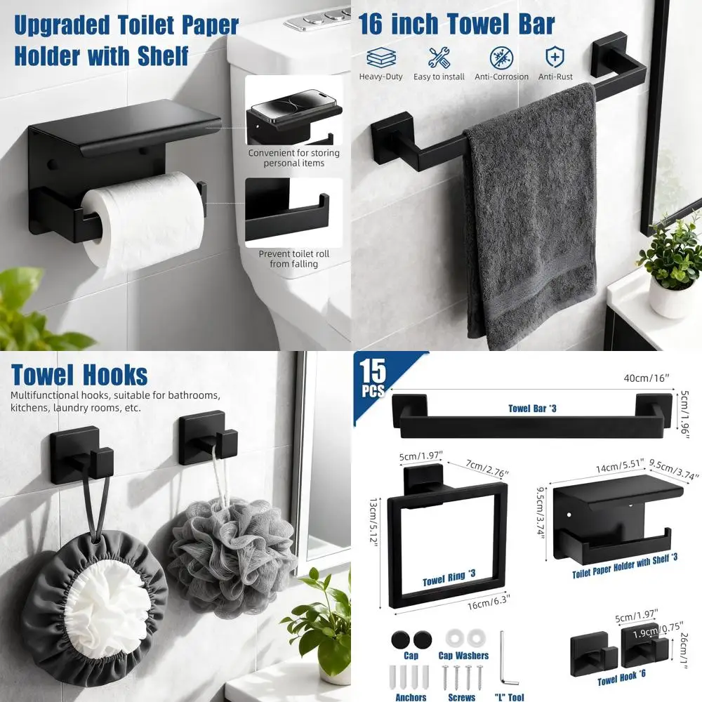 Modern Stainless Steel Bathroom Accessory Set: 16 Towel Bar, Holders, and Toilet Paper Holder with Wall Shelf (15-Piece)
Modern Stainless Steel Bathroom Accessory Set: 16 Towel Bar, Holders, and Toilet Paper Holder with Wall Shelf (15-Piece)