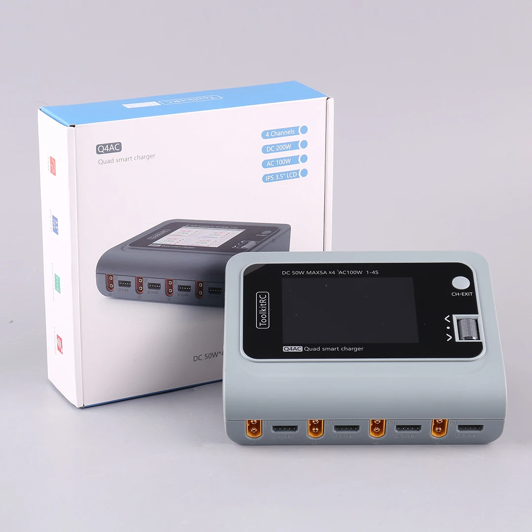 ToolkitRC Q4AC 4x50 Вт 5A AC 100 Вт 4-портовое интеллектуальное зарядное устройство постоянного тока XT60/XT30 Дополнительно для 1-4S Lipo батареи 
ToolkitRC Q4AC 4x50 Вт 5A AC 100 Вт 4-портовое интеллектуальное зарядное устройство постоянного тока XT60/XT30 Дополнительно для 1-4S Lipo батареи