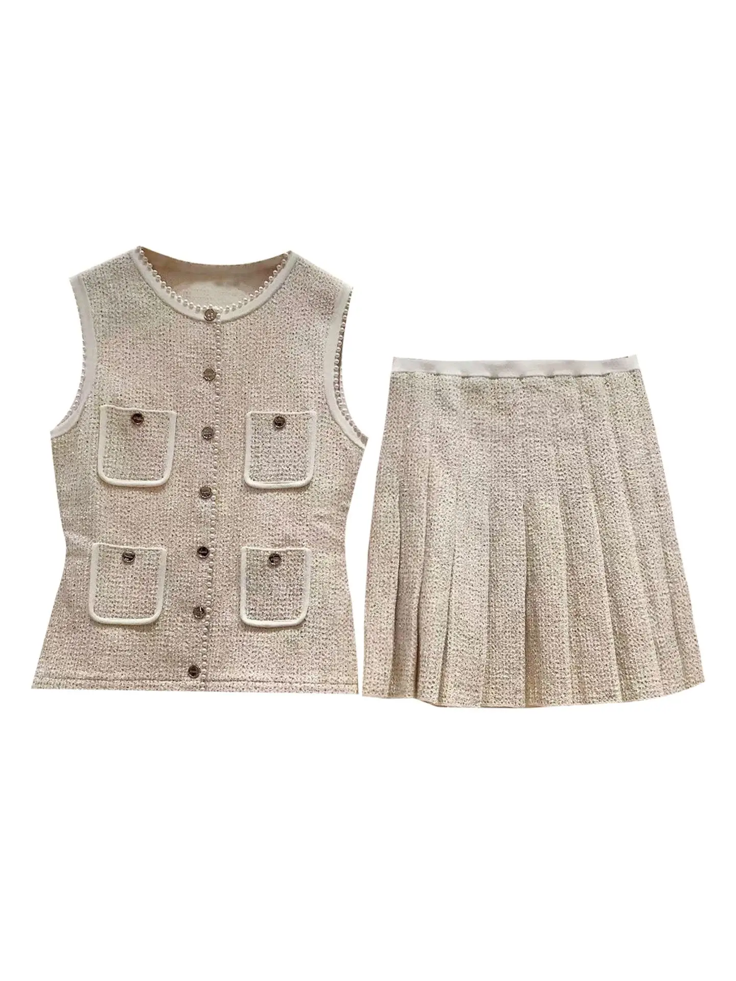 Solid Color Women Fashion Slim Set Spring 2026 Female Pearl Edging Single Breasted Vest Jacket High Waist Pleated Mini Skirt
Solid Color Women Fashion Slim Set Spring 2026 Female Pearl Edging Single Breasted Vest Jacket High Waist Pleated Mini Skirt