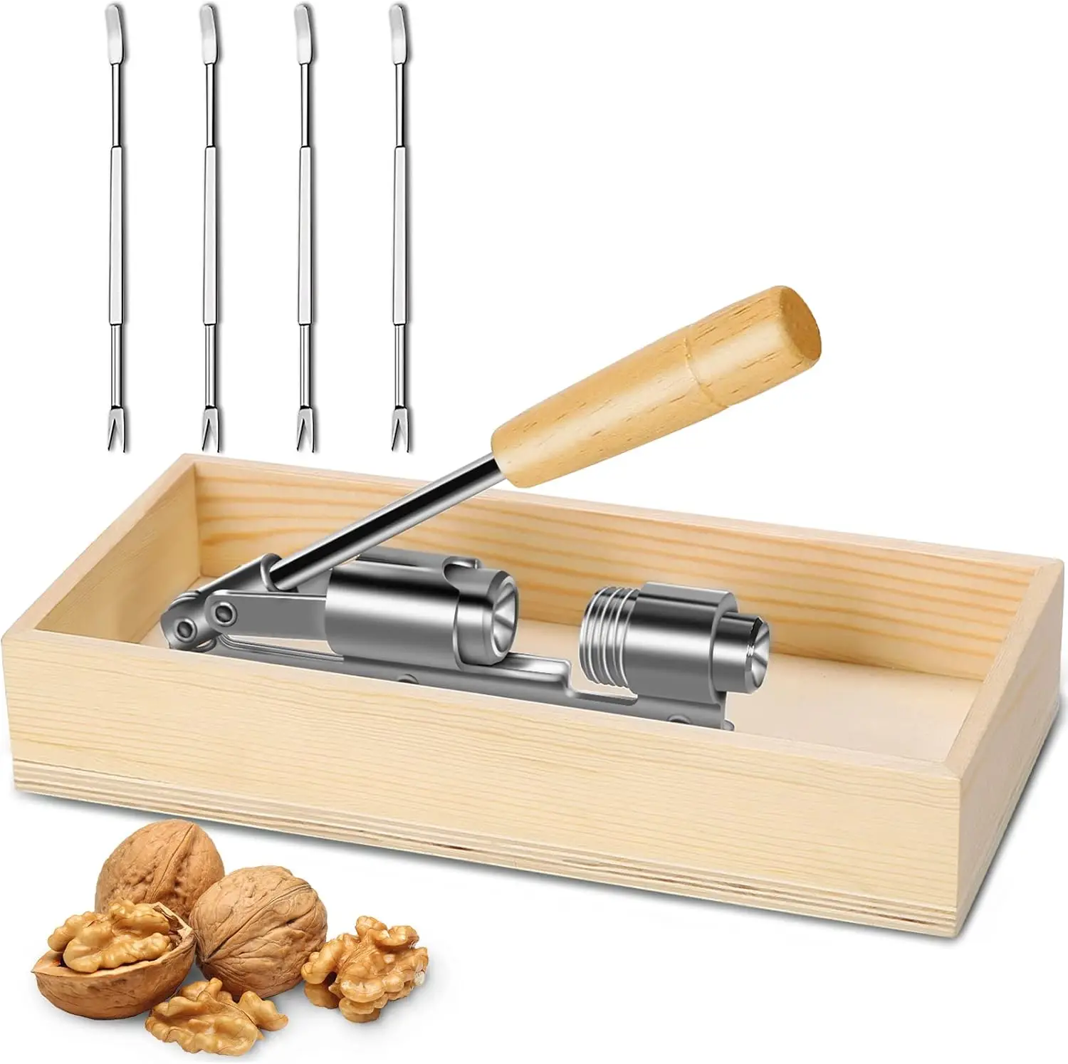 Heavy Duty Nut Cracker with 4 Forks, Wood Handle & Box Base for Walnuts, Pecans, Almonds
Heavy Duty Nut Cracker with 4 Forks, Wood Handle & Box Base for Walnuts, Pecans, Almonds