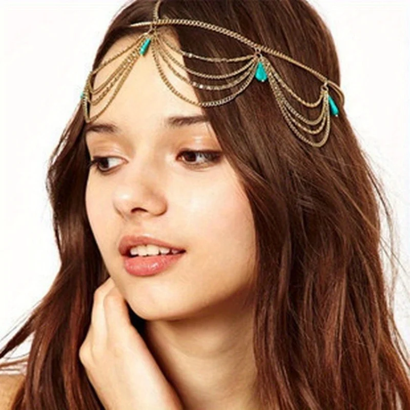 Fashionable retro Bohemian turquoise fringe headband - retro style alloy headband with multi-layer chain design,
Fashionable retro Bohemian turquoise fringe headband - retro style alloy headband with multi-layer chain design,