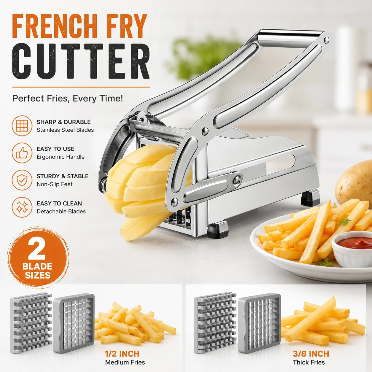 Heavy Duty Stainless Steel French Fry Cutter, Professional Potato Slicer with 2 Blades for Kitchen
Heavy Duty Stainless Steel French Fry Cutter, Professional Potato Slicer with 2 Blades for Kitchen