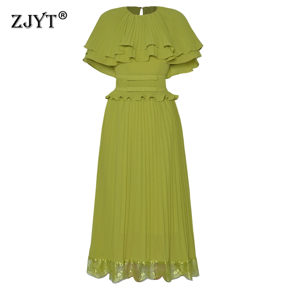 ZJYT Elegant Cloak Sleeves Ruffles Pleated Long Dresses for Women Summer Lace Patchwork Party Vacation Dress Green Runway 2025
ZJYT Elegant Cloak Sleeves Ruffles Pleated Long Dresses for Women Summer Lace Patchwork Party Vacation Dress Green Runway 2025