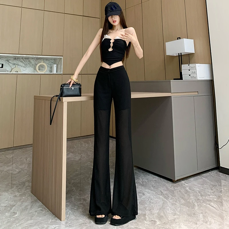 Korean High Waist Mesh Perspective Thin Pants Women Summer Black Flare Shiny Design Chiffon Sexy Straight Trousers Ropa Mujer
Korean High Waist Mesh Perspective Thin Pants Women Summer Black Flare Shiny Design Chiffon Sexy Straight Trousers Ropa Mujer