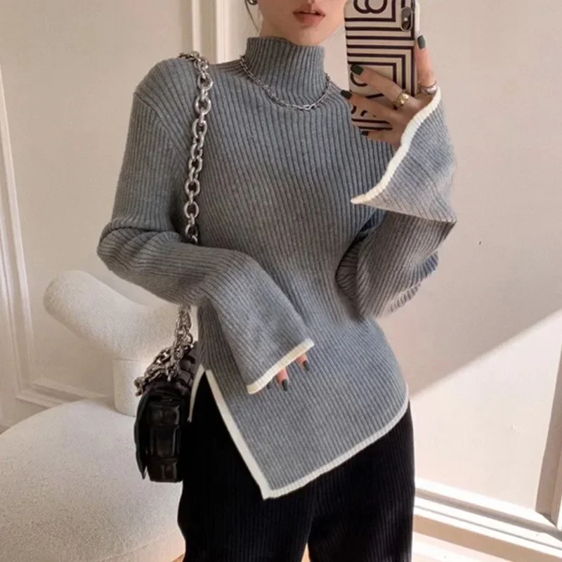 Autumn New Korea Slim Woman Sweater Pullover Turtleneck Flare Sleeve Jumper Winter Side Slit Elegant Chic Knitted Y2k Tops
Autumn New Korea Slim Woman Sweater Pullover Turtleneck Flare Sleeve Jumper Winter Side Slit Elegant Chic Knitted Y2k Tops