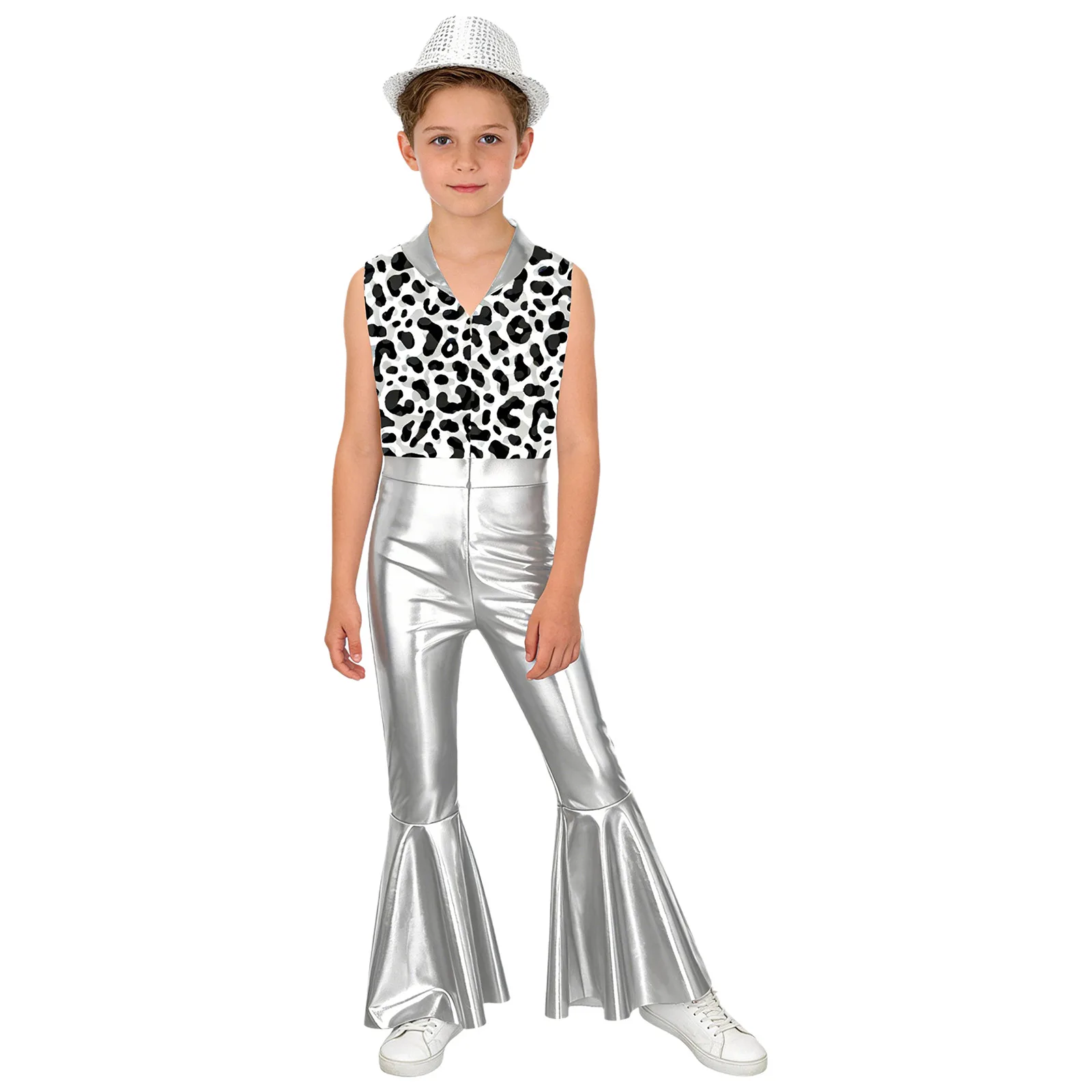 2Pcs Children Boys Shiny Disco Wear Sleeveless Patchwork Jumpsuit Flare Pants Sequins Hat for Halloween Stage Performance
2Pcs Children Boys Shiny Disco Wear Sleeveless Patchwork Jumpsuit Flare Pants Sequins Hat for Halloween Stage Performance