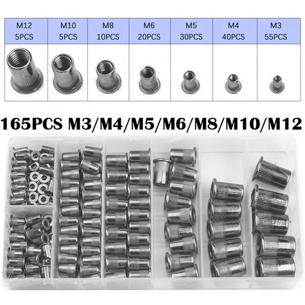 165pcs M3 Mix Size Rivet Nuts M3 M4 M5 M6 M8 M10 M12 Aluminum Flat Head Insert Rivets with Plastic Box
165pcs M3 Mix Size Rivet Nuts M3 M4 M5 M6 M8 M10 M12 Aluminum Flat Head Insert Rivets with Plastic Box