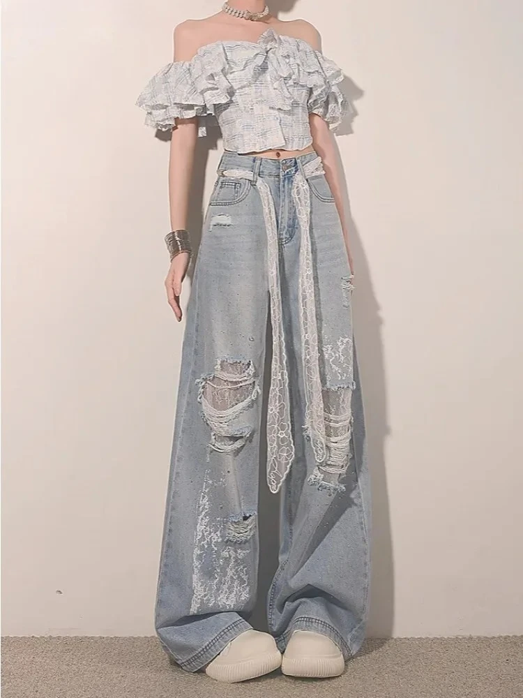Y2K Streetwear Ripped Lace Rhinestone Jeans High Waist Wide Leg Straight Pants Women Summer Loose Vintage Bleach Denim Trousers
Y2K Streetwear Ripped Lace Rhinestone Jeans High Waist Wide Leg Straight Pants Women Summer Loose Vintage Bleach Denim Trousers