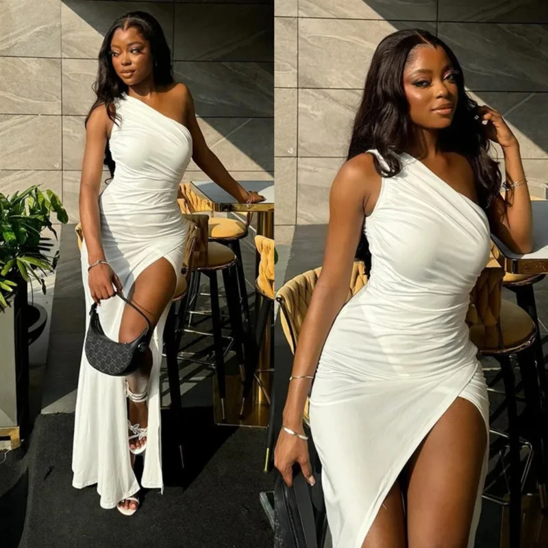 Elegant Solid-color High-waist Women Evening Gown Sexy Bodycon Asymmetrical High Slit Dress Stylish Summer Party Banquet Dress 
Elegant Solid-color High-waist Women Evening Gown Sexy Bodycon Asymmetrical High Slit Dress Stylish Summer Party Banquet Dress