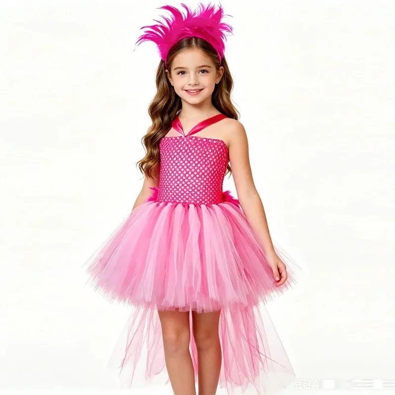 Bright Pink Girls' Formal Dress with Feather Decorations, High-Low Train Puffy Skirt for Kids' Halloween Parties & Ceremonies
Bright Pink Girls' Formal Dress with Feather Decorations, High-Low Train Puffy Skirt for Kids' Halloween Parties & Ceremonies