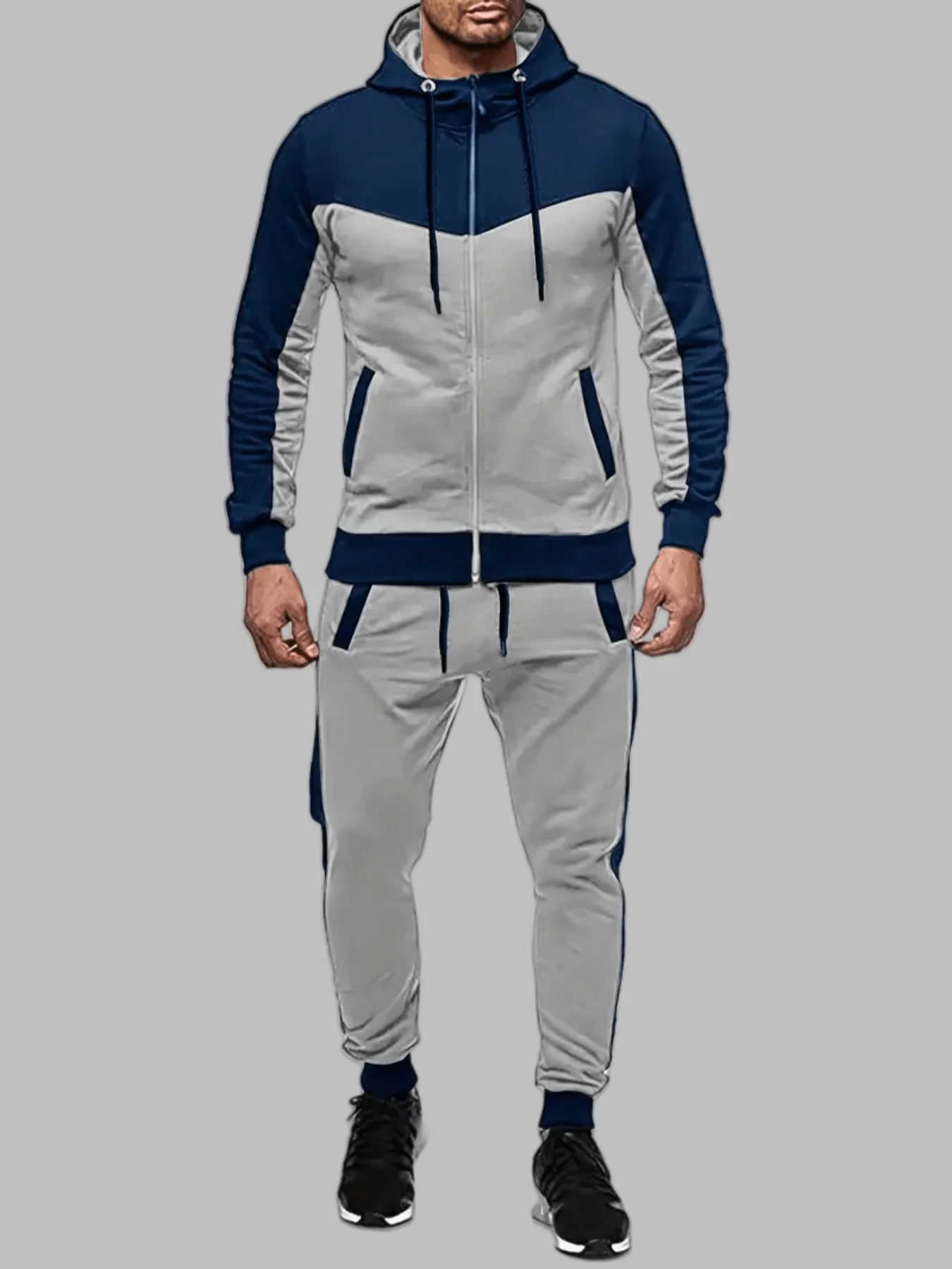 Mens Two-Piece Zip-Up Hooded Tracksuit Set In And Gray Colorblock Design, Soft Breathable Fabric, Relaxed Fit With Pockets For
Mens Two-Piece Zip-Up Hooded Tracksuit Set In And Gray Colorblock Design, Soft Breathable Fabric, Relaxed Fit With Pockets For