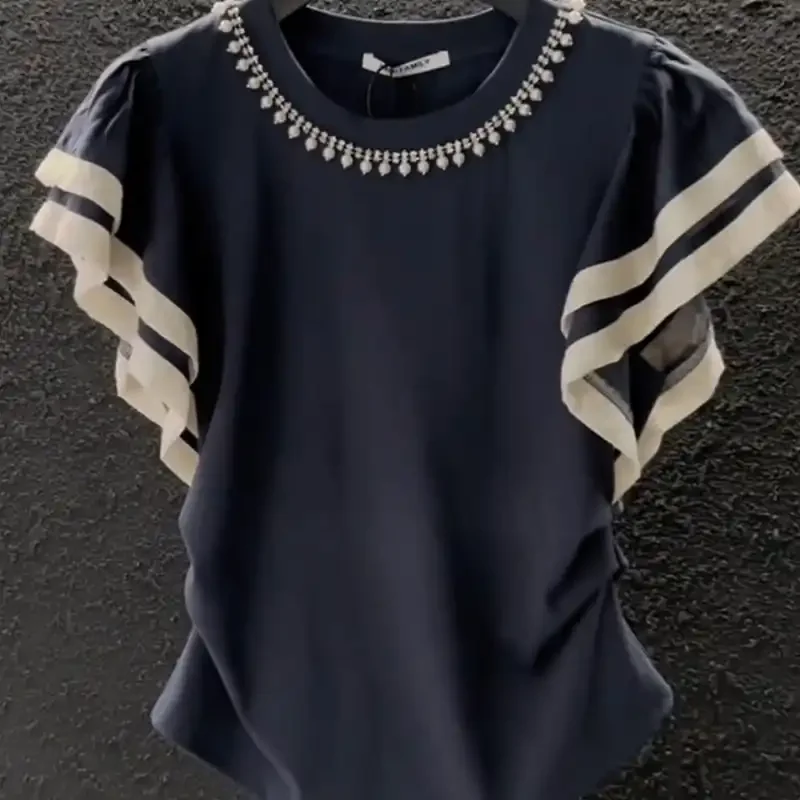 Новая модная женская футболка с короткими рукавами и цветными блоками, модный и универсальный, утягивающий топ с круглым вырезом из бисера для ногтей
Новая модная женская футболка с короткими рукавами и цветными блоками, модный и универсальный, утягивающий топ с круглым вырезом из бисера для ногтей