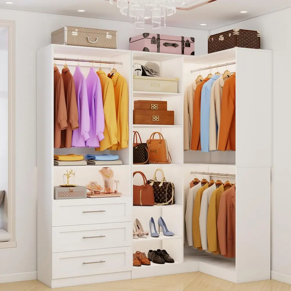 System with 3 Drawers, Corner Closet Organizer Systems with 7 Shelves amp 5 Hanging Rods LShaped Walk in Closet Freestanding Co
System with 3 Drawers, Corner Closet Organizer Systems with 7 Shelves amp 5 Hanging Rods LShaped Walk in Closet Freestanding Co