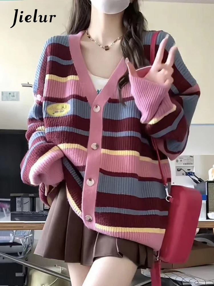 Chic Striped Basic V-Neck Sweet High Street Women Cardigans Autumn Fashion Single Breasted Loose Casual Knitted Female Cardigans
Chic Striped Basic V-Neck Sweet High Street Women Cardigans Autumn Fashion Single Breasted Loose Casual Knitted Female Cardigans