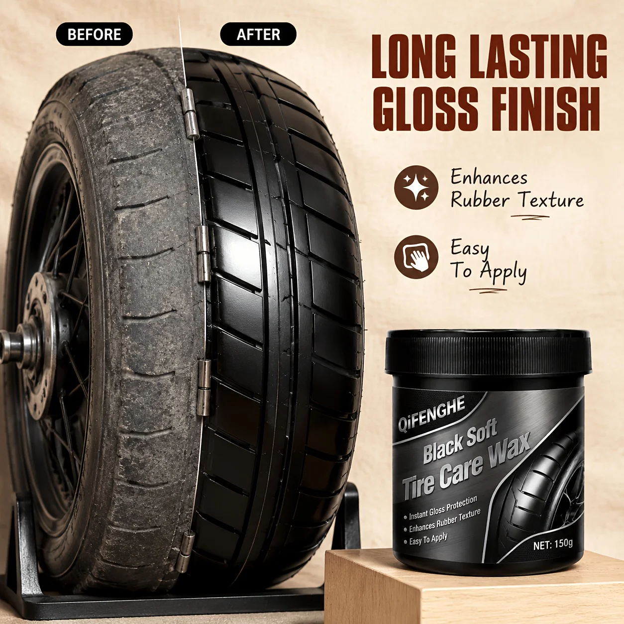 Black Tire Shine Wax for Car Motorcycle ATV Bicycle - Instant Gloss Finish Easy Apply Long Lasting Shield Protection
Black Tire Shine Wax for Car Motorcycle ATV Bicycle - Instant Gloss Finish Easy Apply Long Lasting Shield Protection