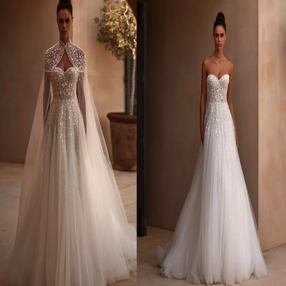 Boho Sweetheart Collar Tulle Wedding Dress for Bridal A-line Beaded Crystal Lace up Back Bridal Gown with Detachable Cape Custom
Boho Sweetheart Collar Tulle Wedding Dress for Bridal A-line Beaded Crystal Lace up Back Bridal Gown with Detachable Cape Custom