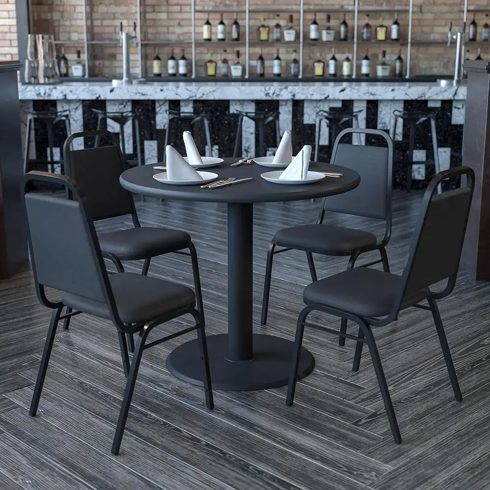 36 Round Black Laminate Table with X-Base and 4 Black Dining Chairs
36 Round Black Laminate Table with X-Base and 4 Black Dining Chairs