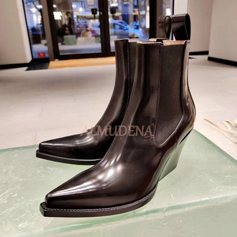 Women Black Leather Wedge Heel Pointed Toe Ankle Boots Luxury Designer Sexy Cool Street Style Chelsea Boots Winter Shoes
Women Black Leather Wedge Heel Pointed Toe Ankle Boots Luxury Designer Sexy Cool Street Style Chelsea Boots Winter Shoes