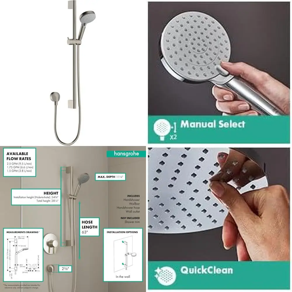 11-inch 3-Spray Handshower with Slide Bar, Hose, and Rain/IntenseRain Modes in Brushed Nickel
11-inch 3-Spray Handshower with Slide Bar, Hose, and Rain/IntenseRain Modes in Brushed Nickel